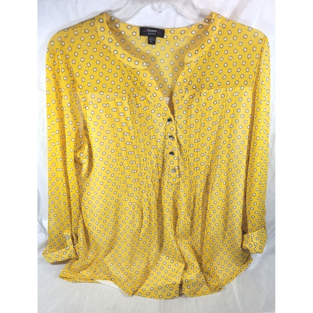 Cocomo Women's 3/4 Sleeve Lined Mesh Yellow Polka Dot Blouse - Size Large Petite